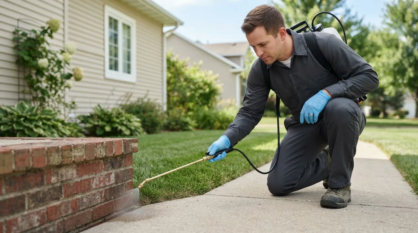 Pest control technician treating a home near Iuka, KS